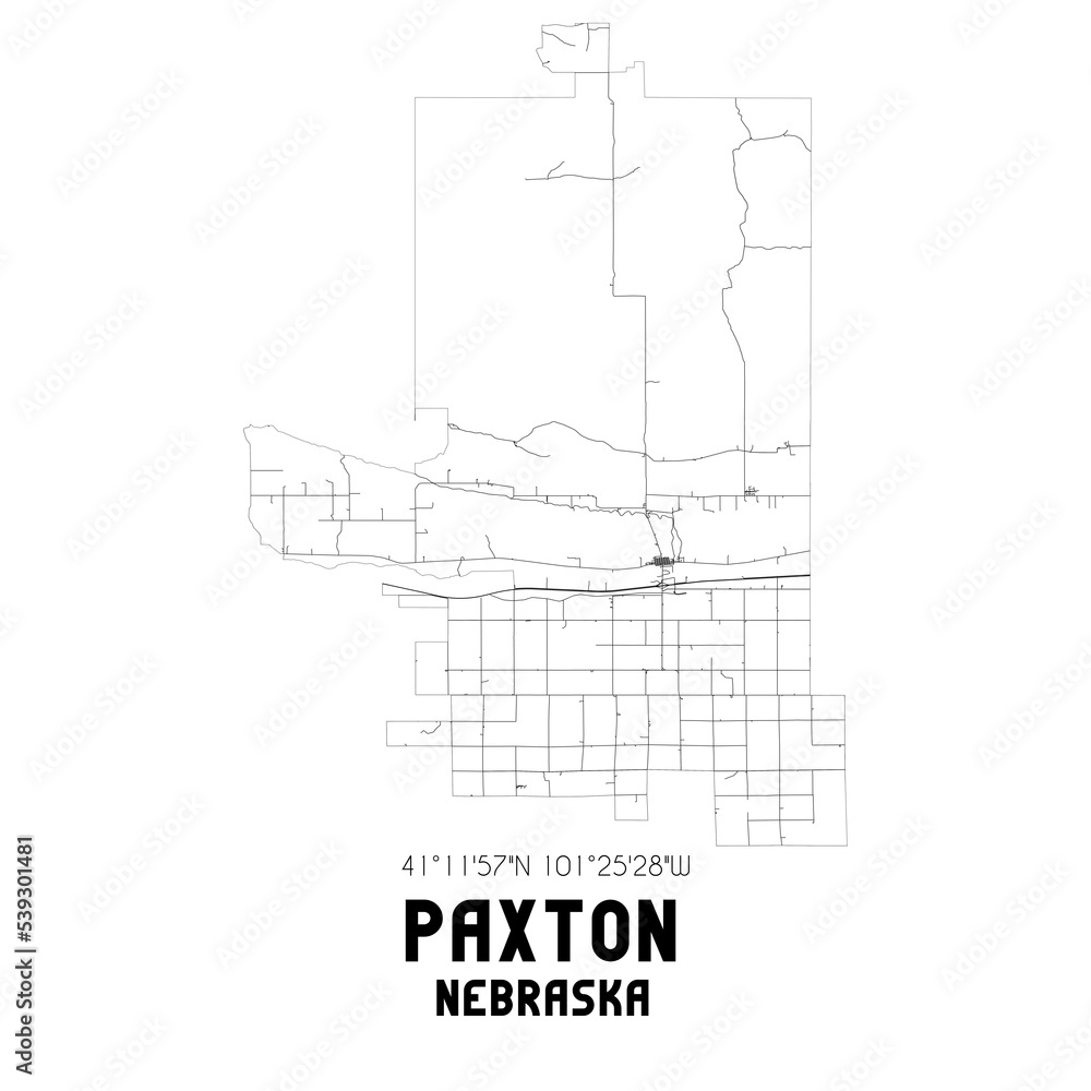 Paxton Nebraska. US street map with black and white lines.