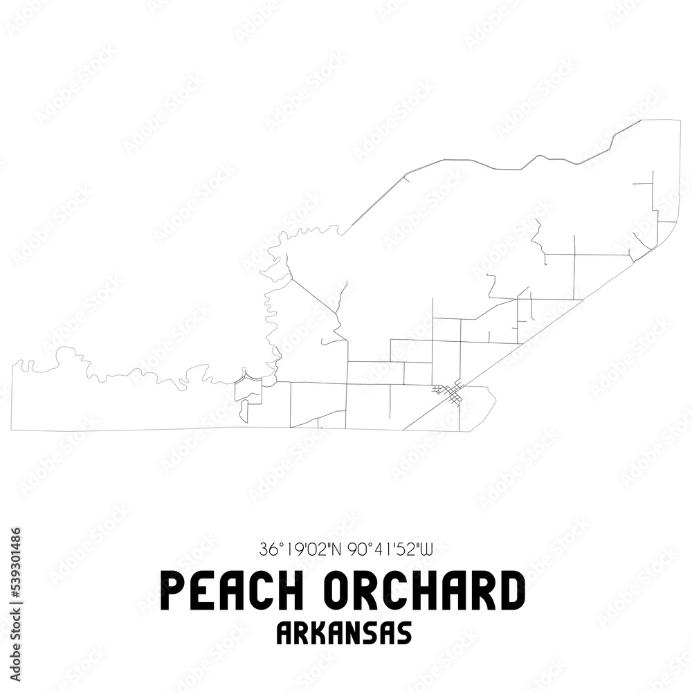 Peach Orchard Arkansas. US street map with black and white lines.
