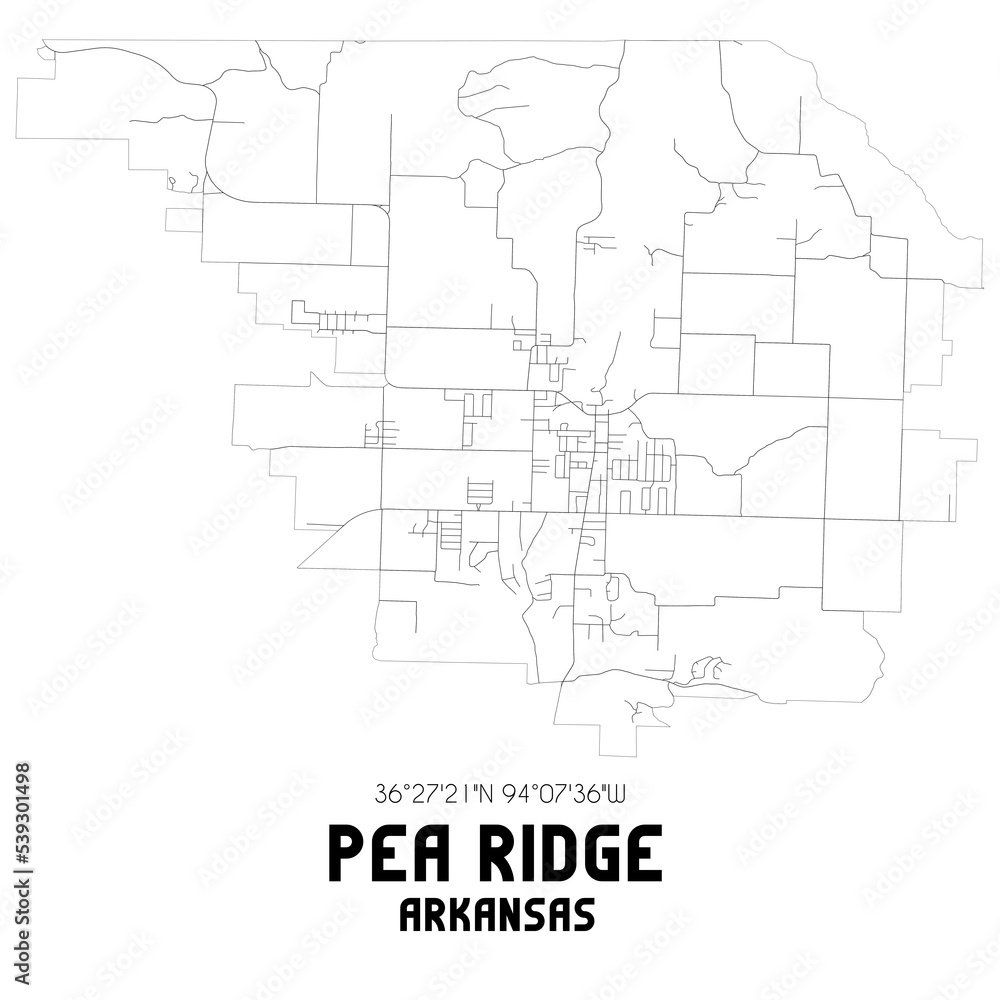 Pea Ridge Arkansas. US street map with black and white lines.