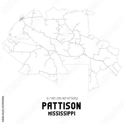 Pattison Mississippi. US street map with black and white lines.