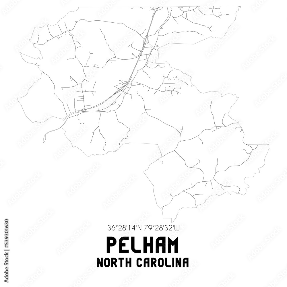 Pelham North Carolina. US street map with black and white lines.