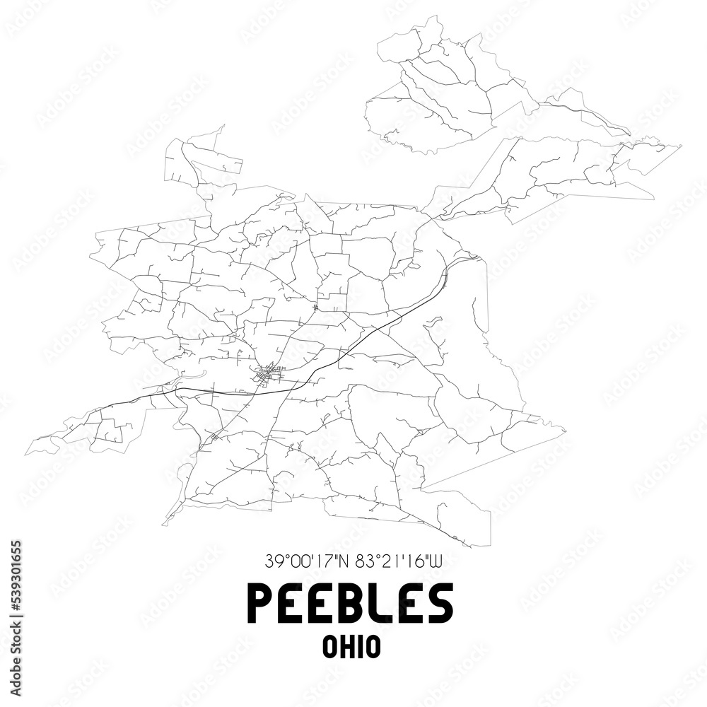 Peebles Ohio. US street map with black and white lines.