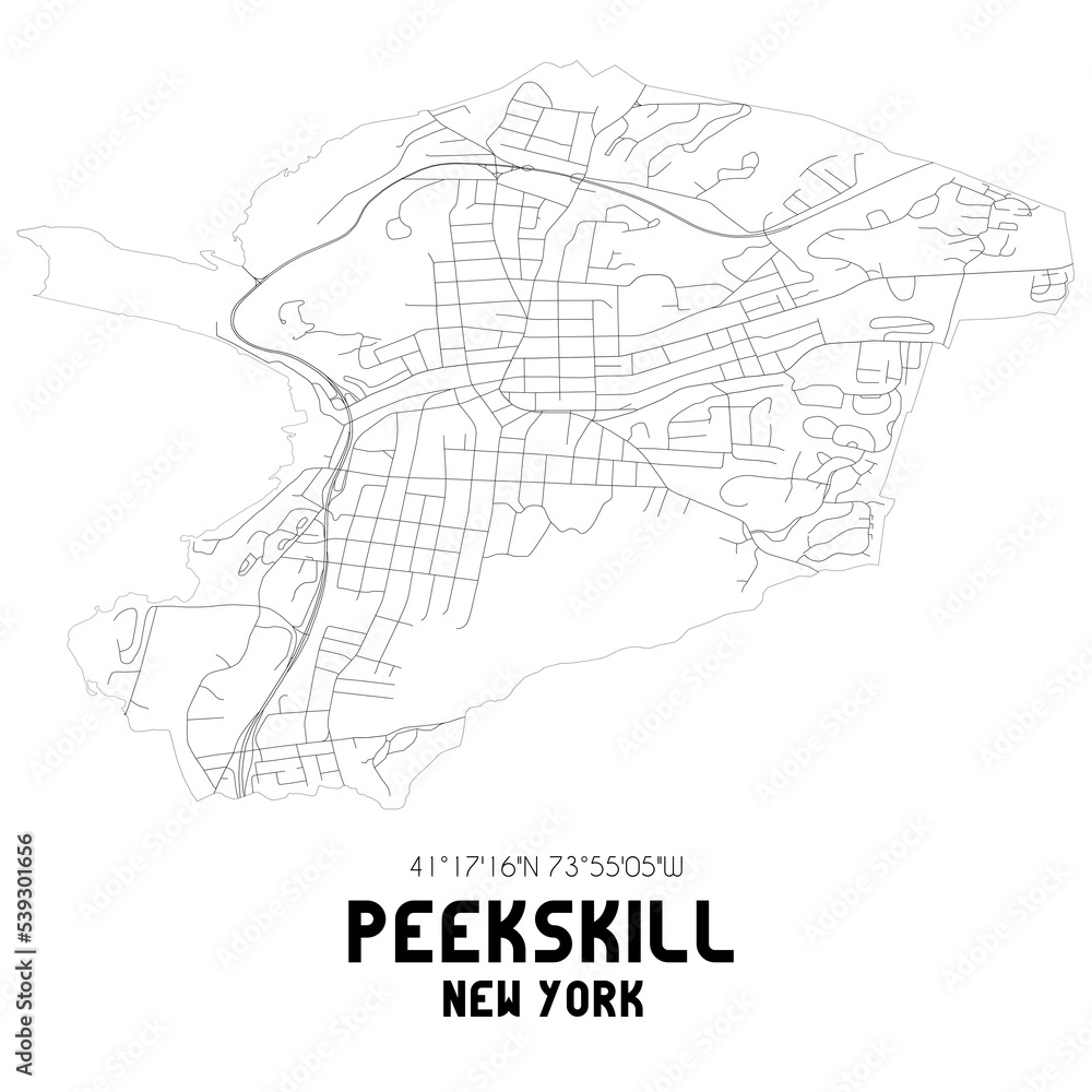 Peekskill New York. US street map with black and white lines.