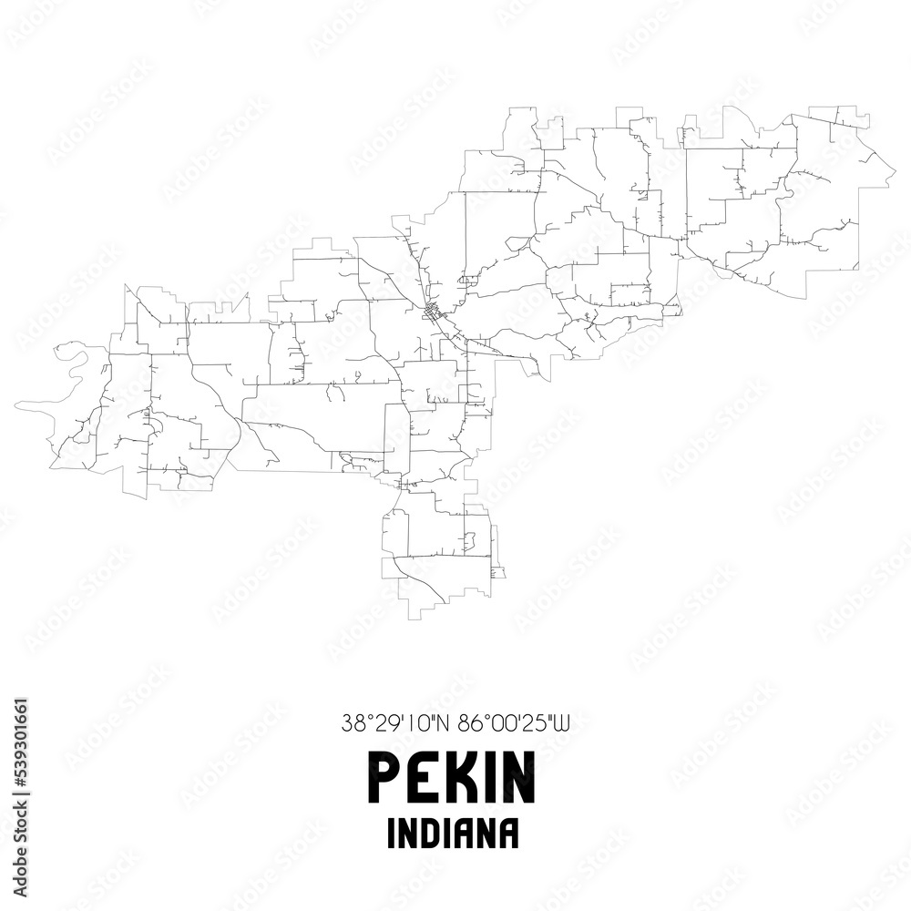 Pekin Indiana. US street map with black and white lines.