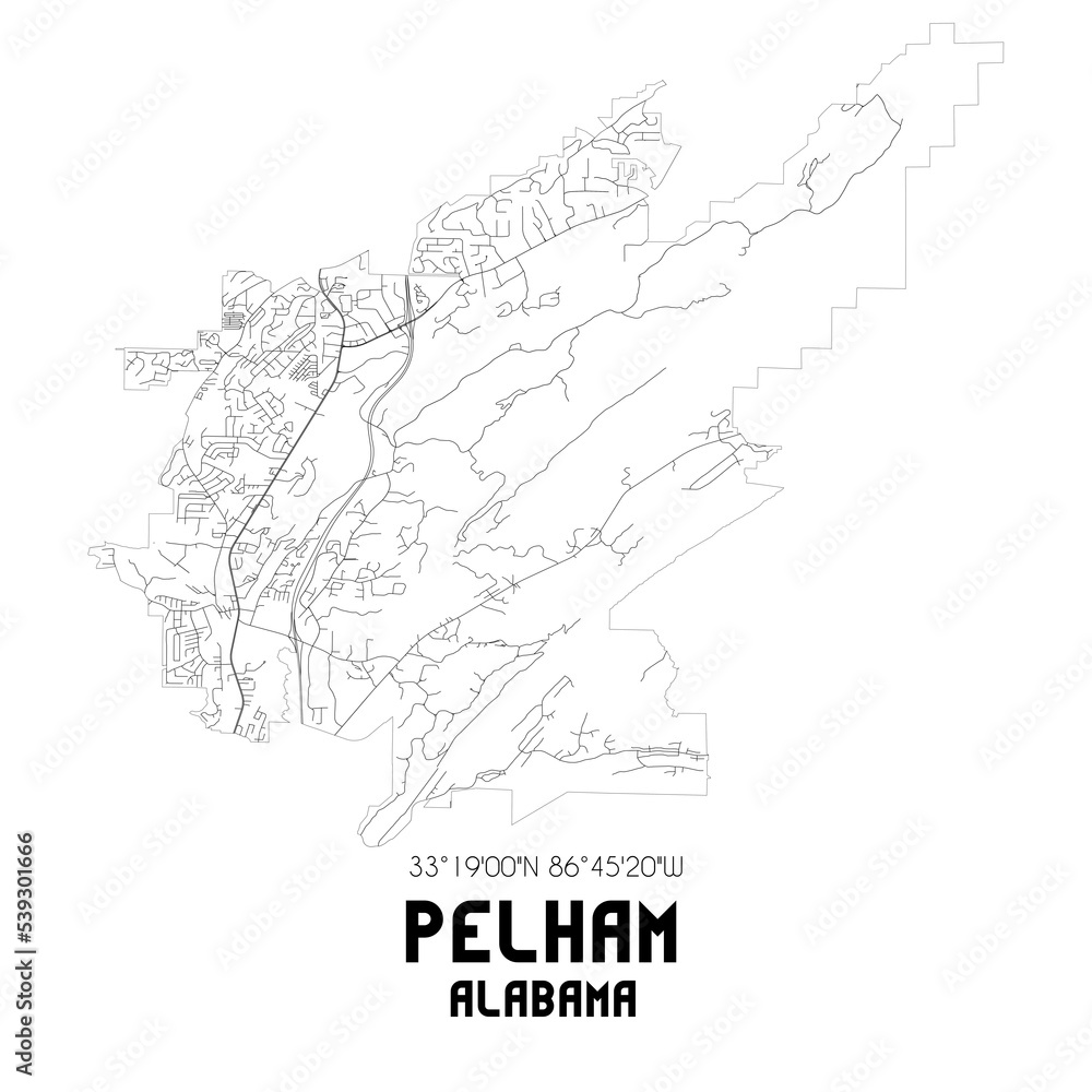Pelham Alabama. US street map with black and white lines.