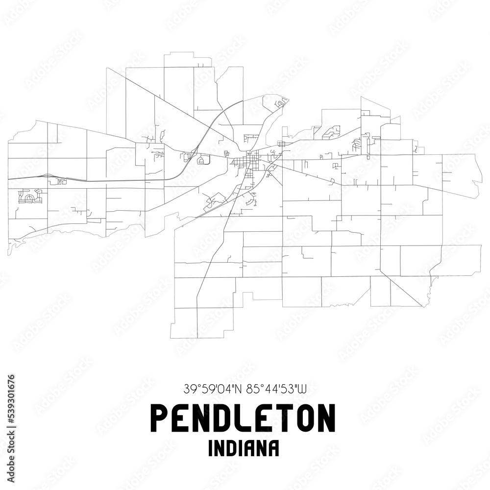 Pendleton Indiana. US street map with black and white lines.