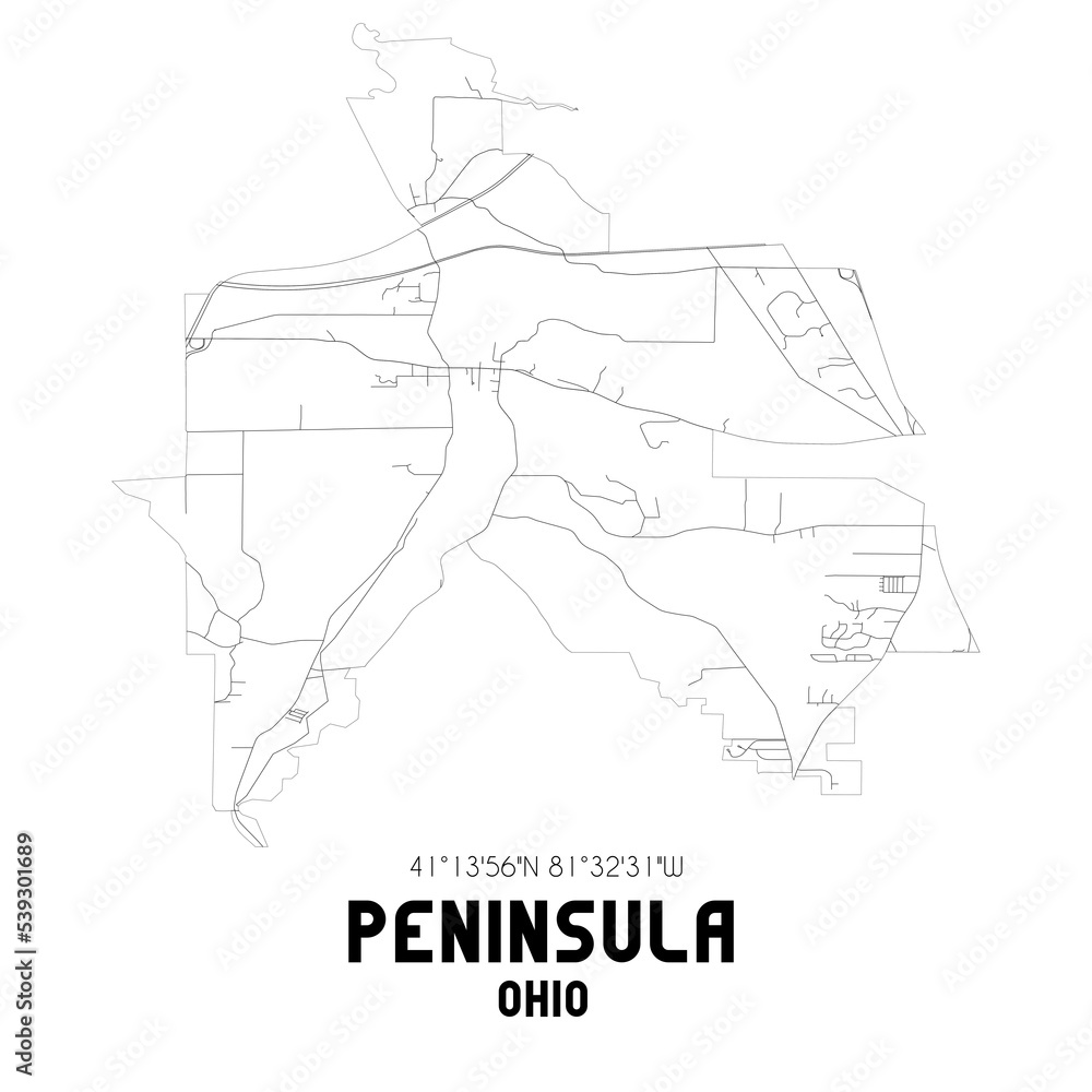 Peninsula Ohio. US street map with black and white lines.