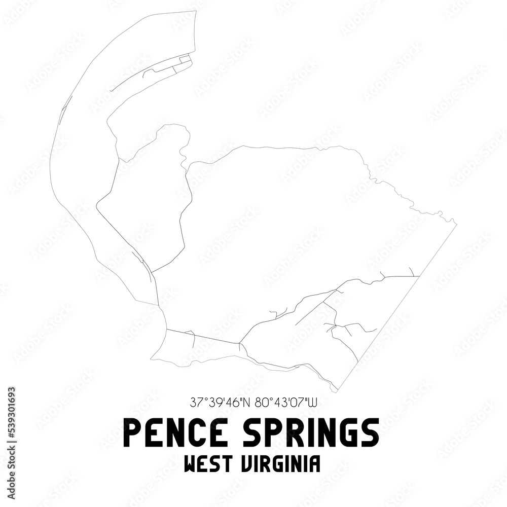 Pence Springs West Virginia. US street map with black and white lines.