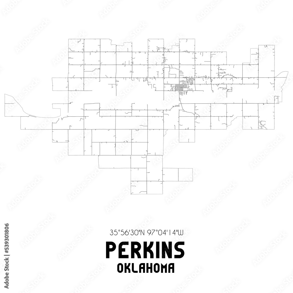 Perkins Oklahoma. US street map with black and white lines.
