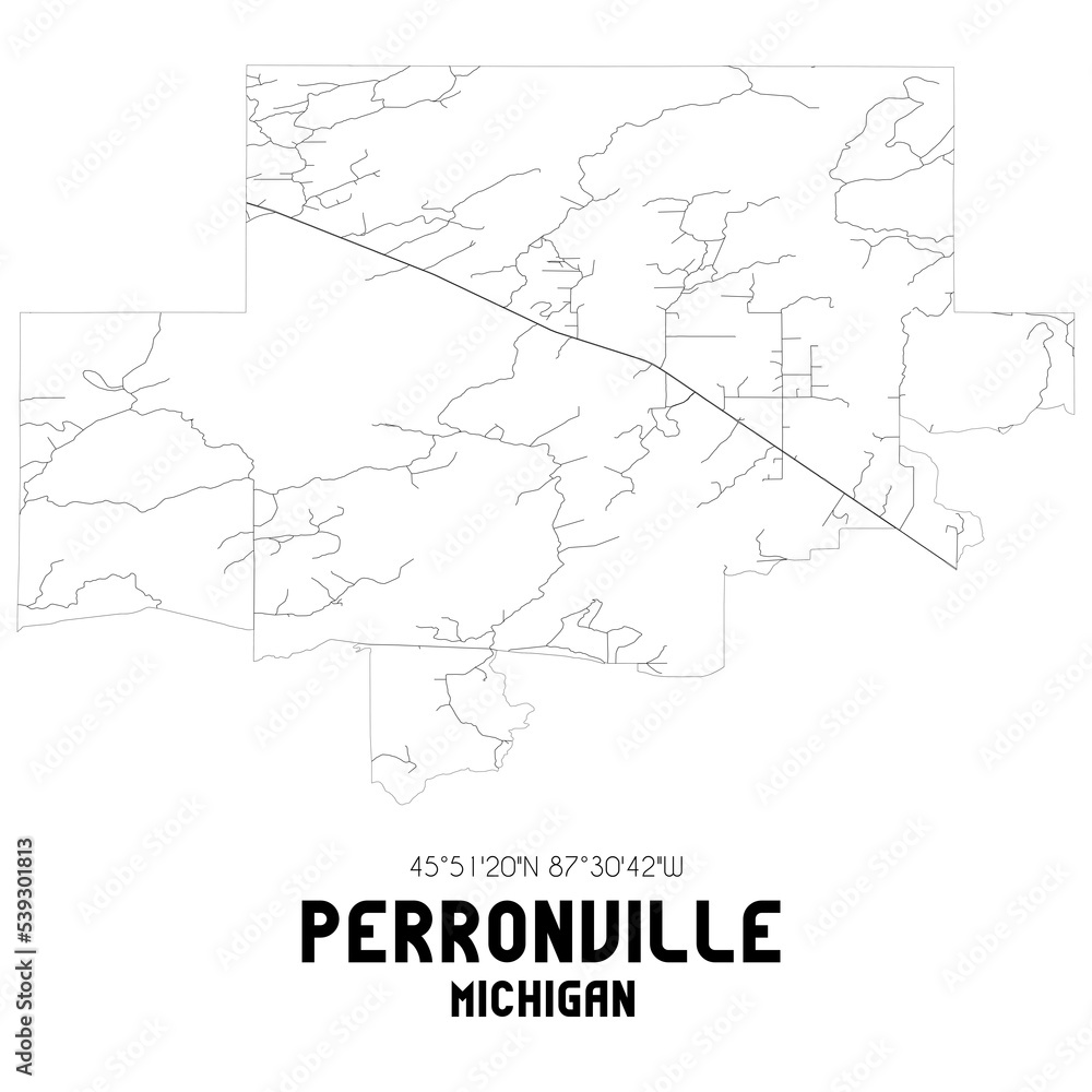 Perronville Michigan. US street map with black and white lines.