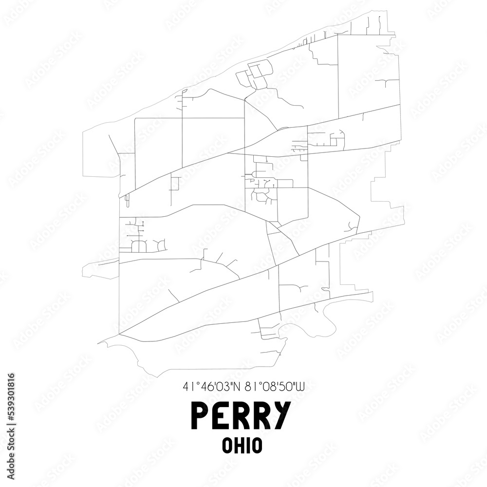 Perry Ohio. US street map with black and white lines.