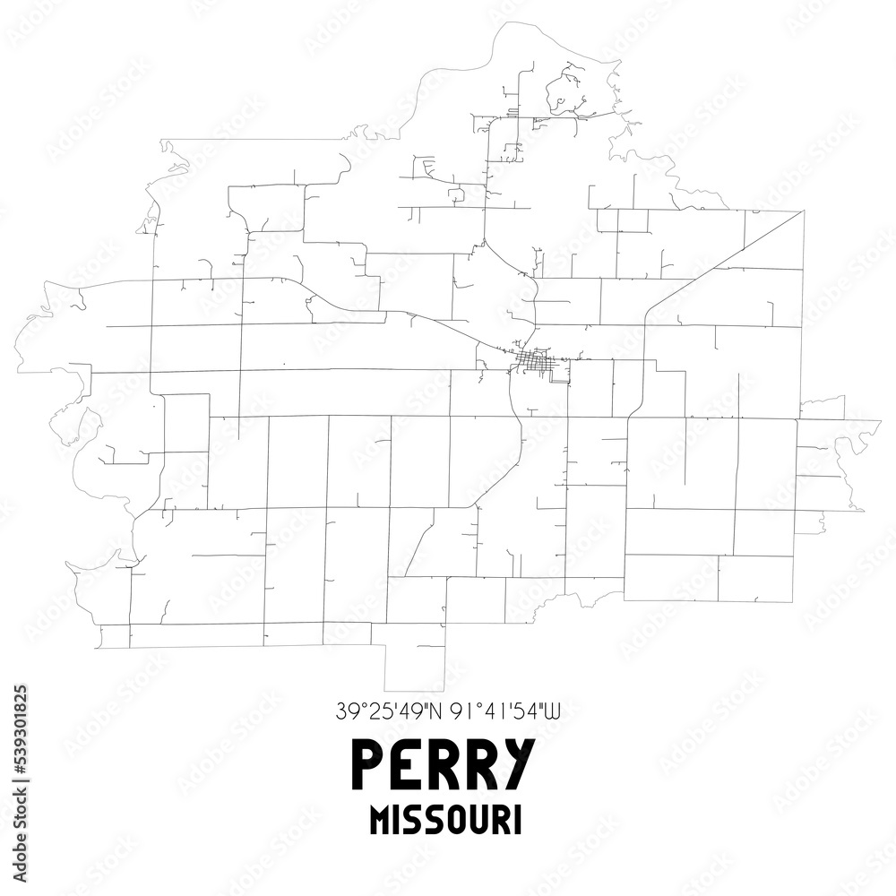 Perry Missouri. US street map with black and white lines.
