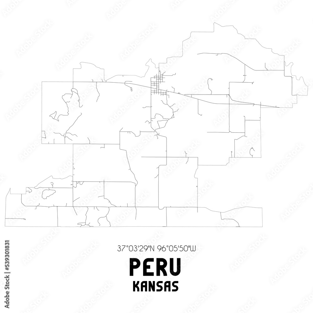 Peru Kansas. US street map with black and white lines.