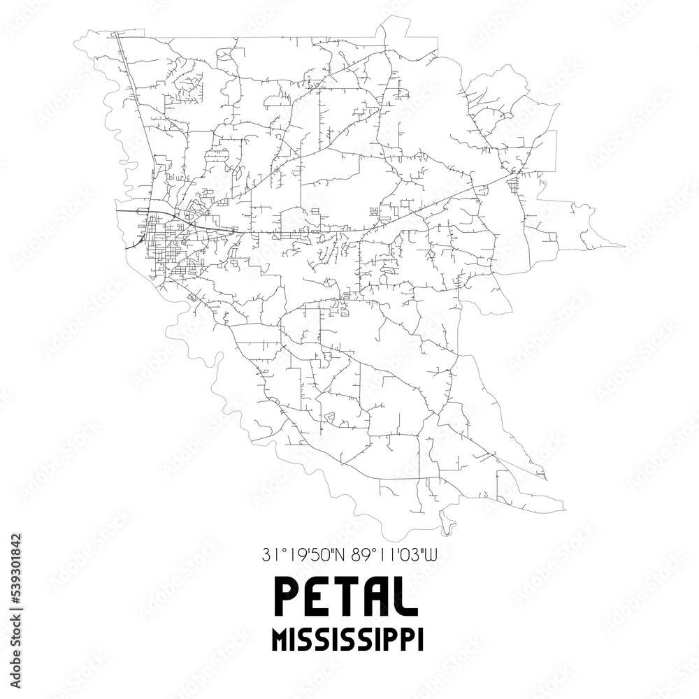 Petal Mississippi. US street map with black and white lines. Petal Mississippi. US street map with black and white lines.