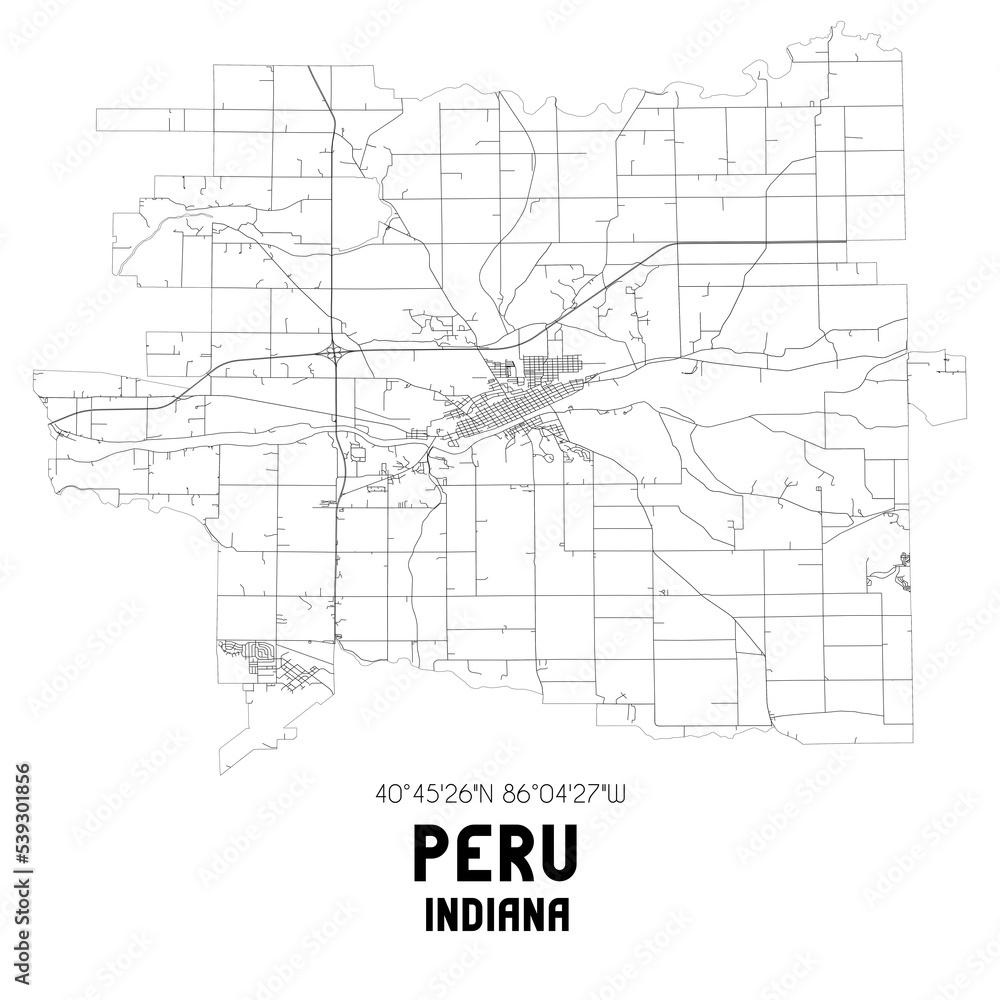 Peru Indiana. US street map with black and white lines.