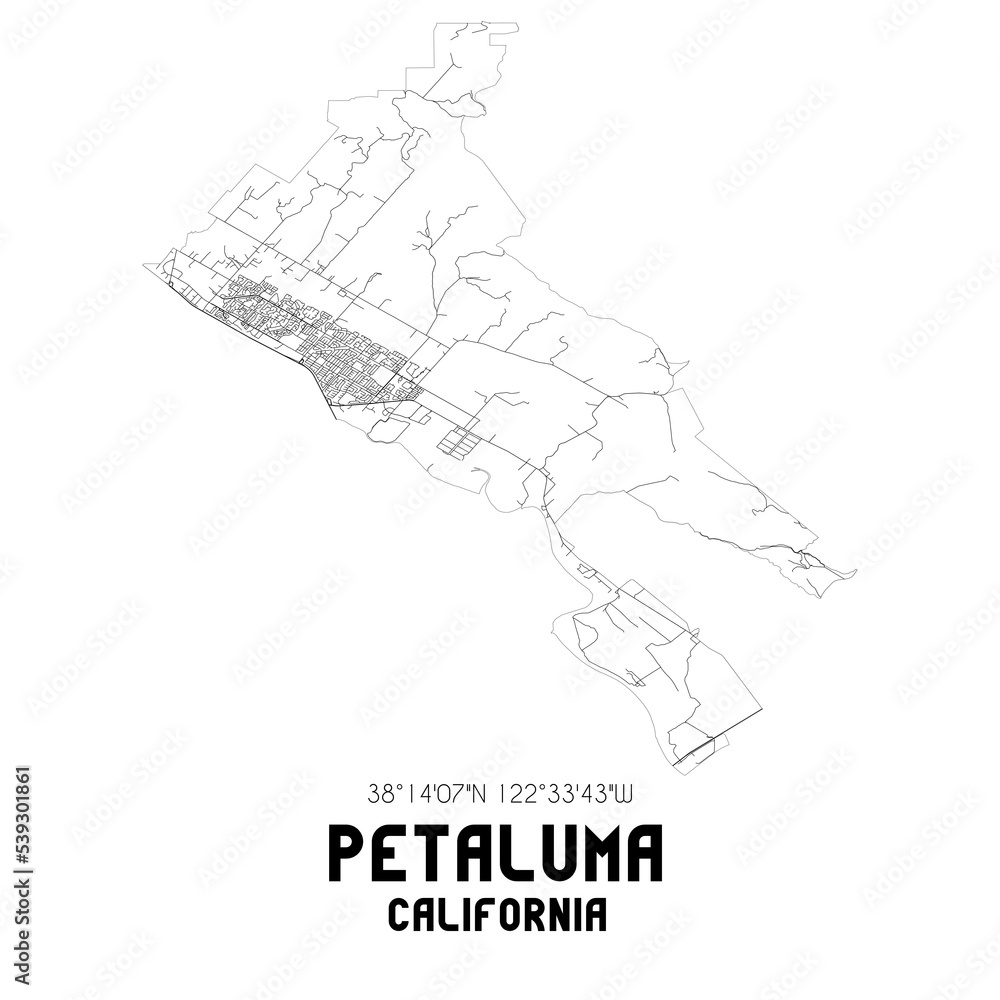 Petaluma California. US street map with black and white lines.