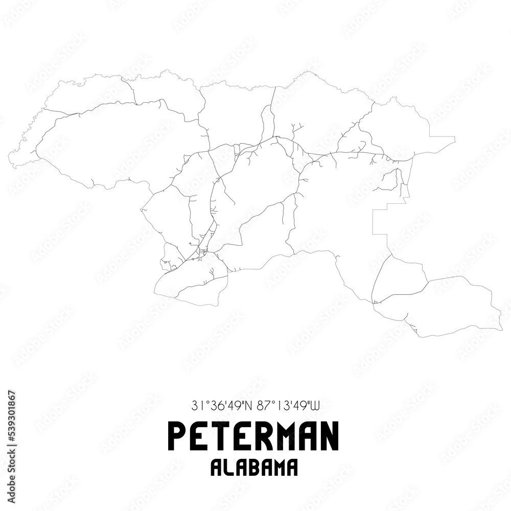 Peterman Alabama. US street map with black and white lines.