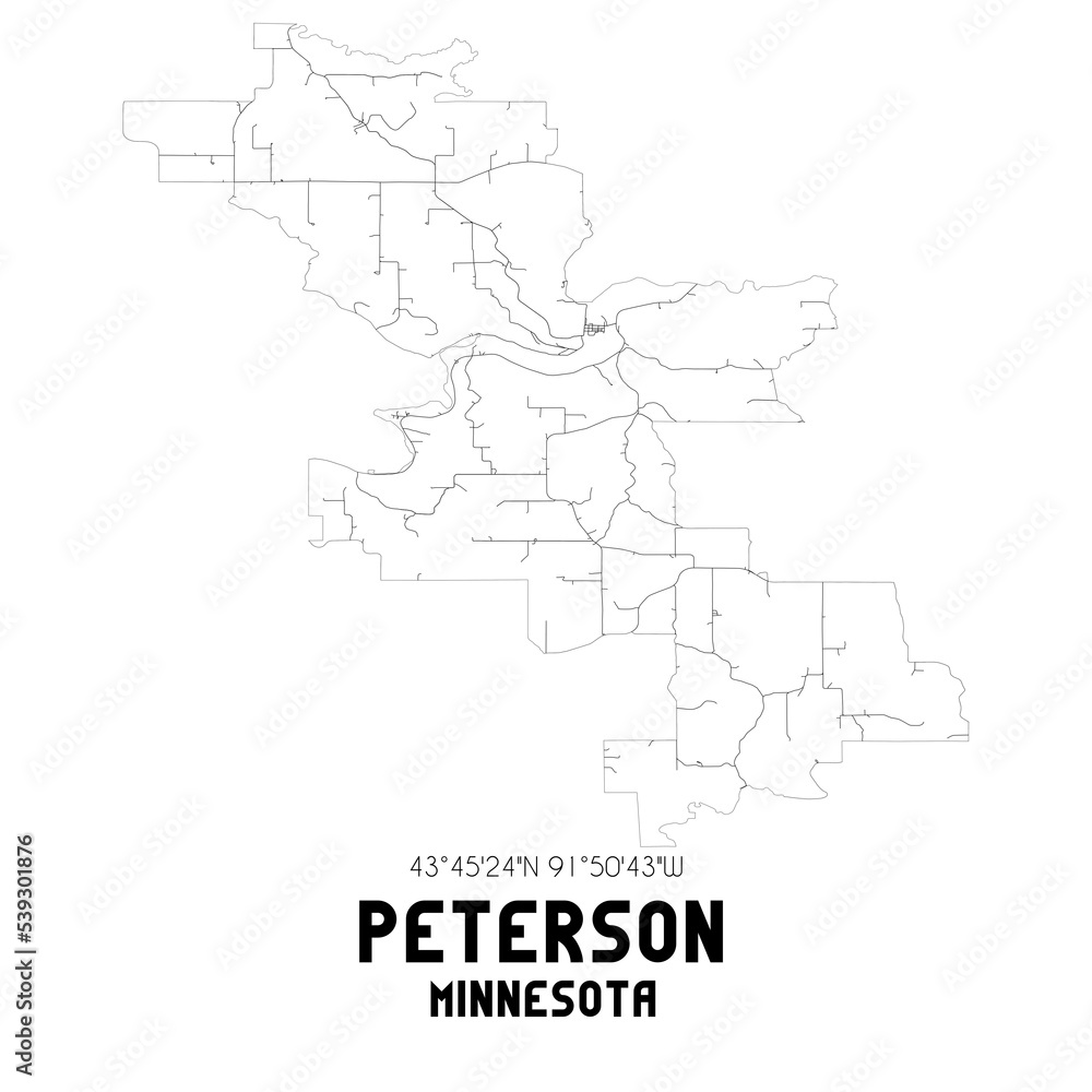 Peterson Minnesota. US street map with black and white lines.