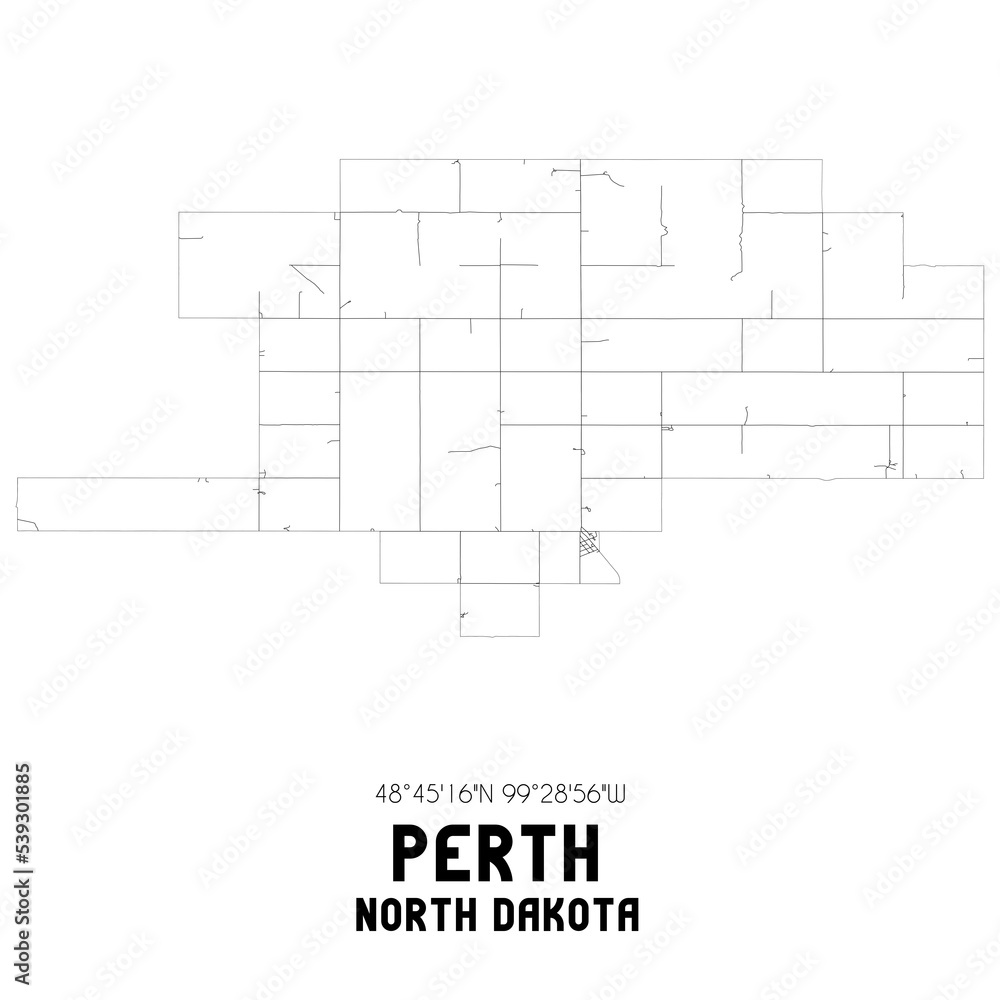 Perth North Dakota. US street map with black and white lines.