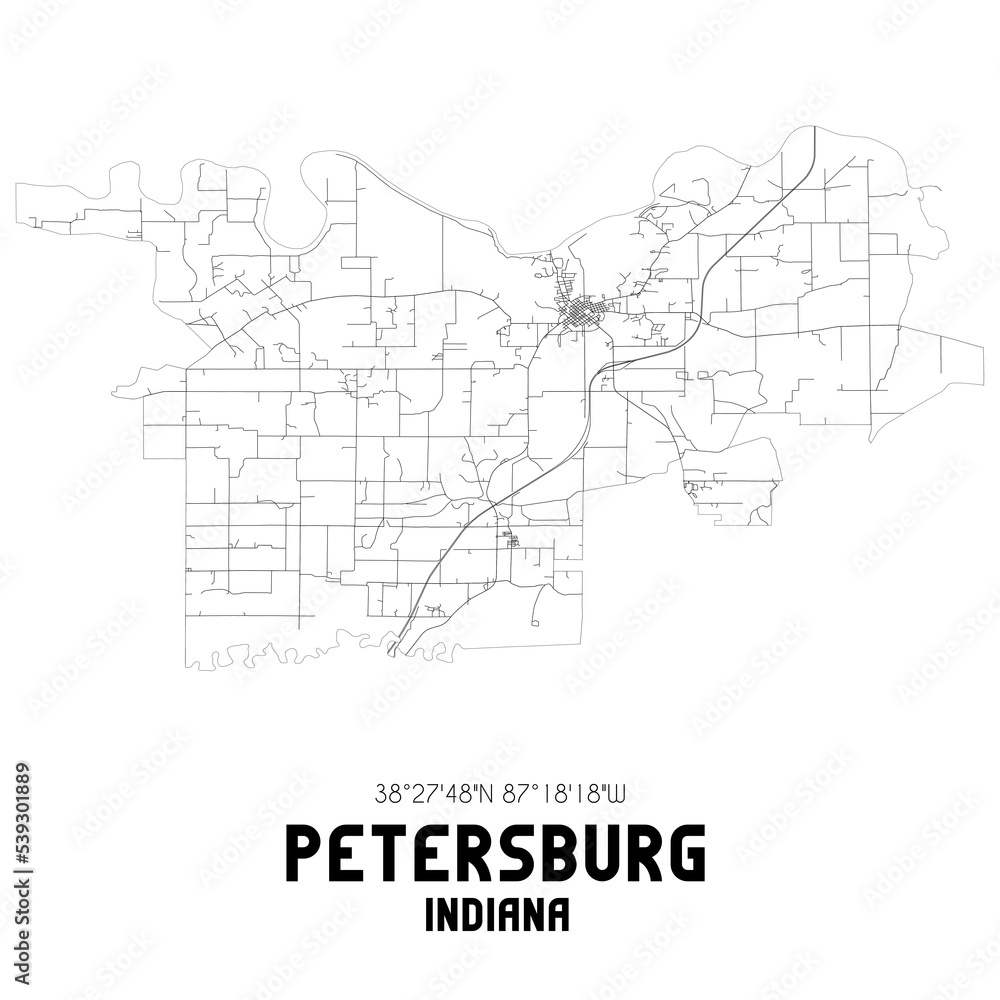 Petersburg Indiana. US street map with black and white lines.