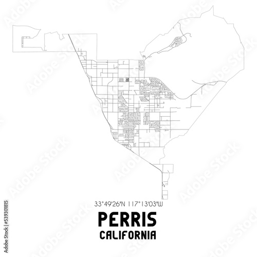 Perris California. US street map with black and white lines.