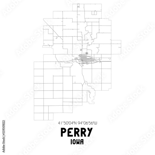 Perry Iowa. US street map with black and white lines.