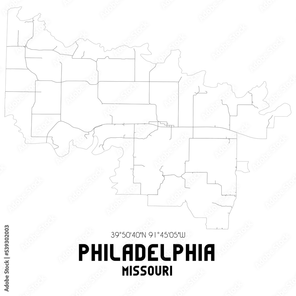 Philadelphia Missouri. US street map with black and white lines.