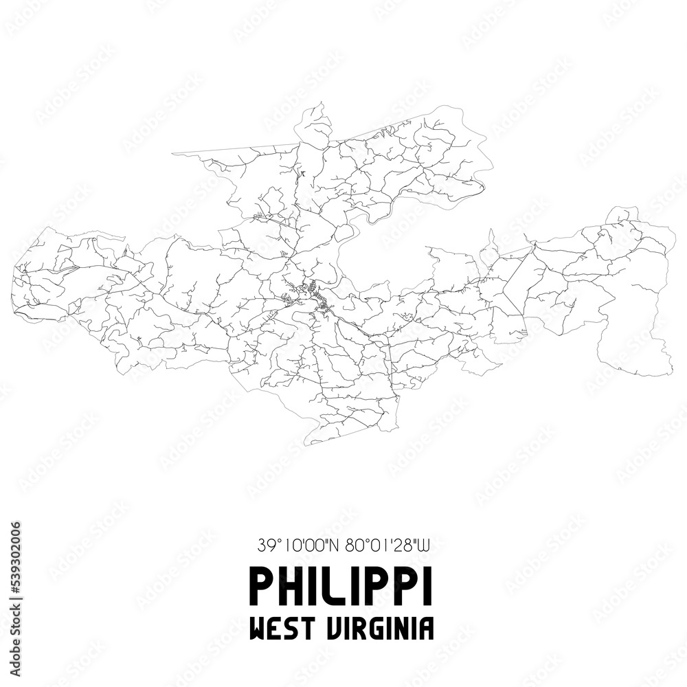 Philippi West Virginia. US street map with black and white lines.