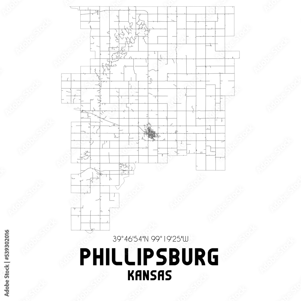 Phillipsburg Kansas. US street map with black and white lines.