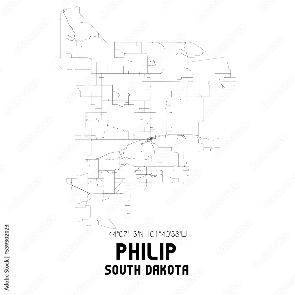Philip South Dakota. US street map with black and white lines.