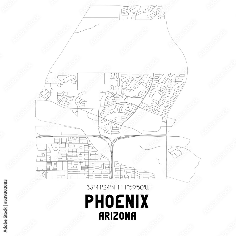Phoenix Arizona. US street map with black and white lines.