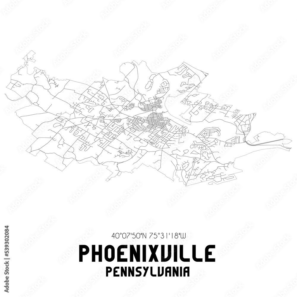 Phoenixville Pennsylvania. US street map with black and white lines.