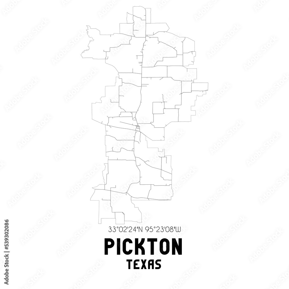 Pickton Texas. US street map with black and white lines.