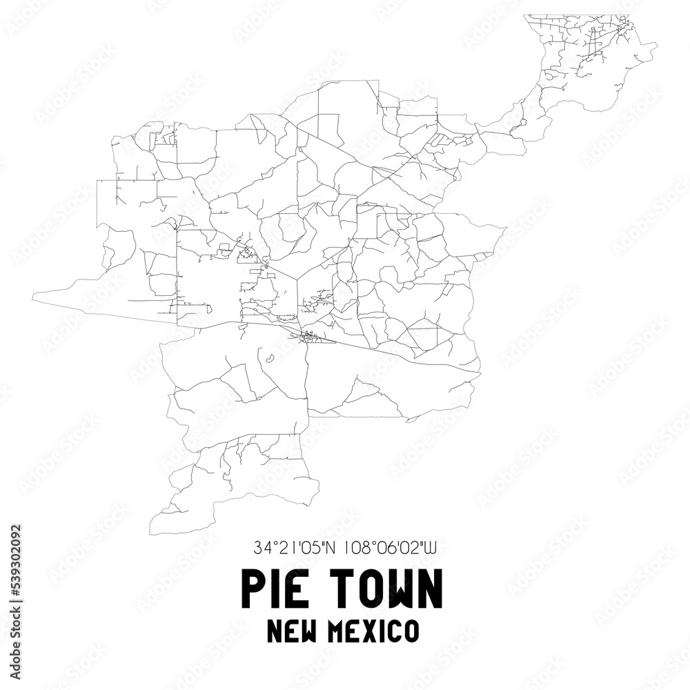 Pie Town New Mexico. US street map with black and white lines.