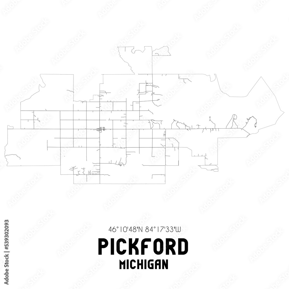 Pickford Michigan. US street map with black and white lines.