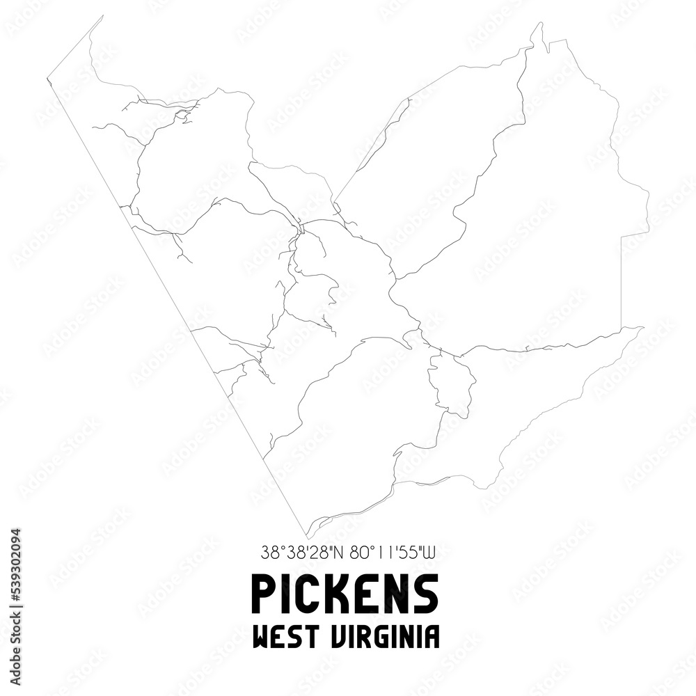 Pickens West Virginia. US street map with black and white lines.