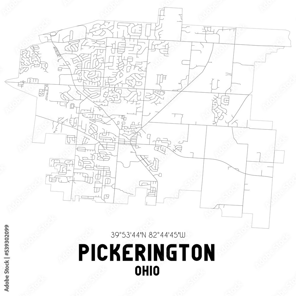 Pickerington Ohio. US street map with black and white lines.