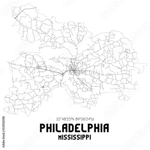 Philadelphia Mississippi. US street map with black and white lines.