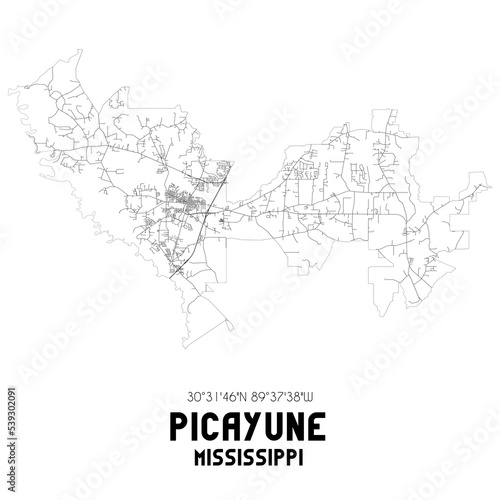 Picayune Mississippi. US street map with black and white lines.