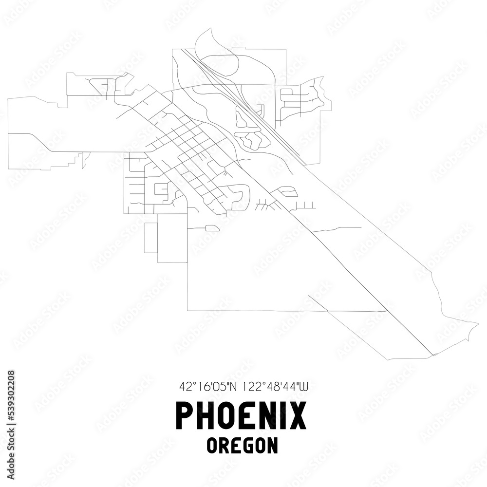 Phoenix Oregon. US street map with black and white lines.