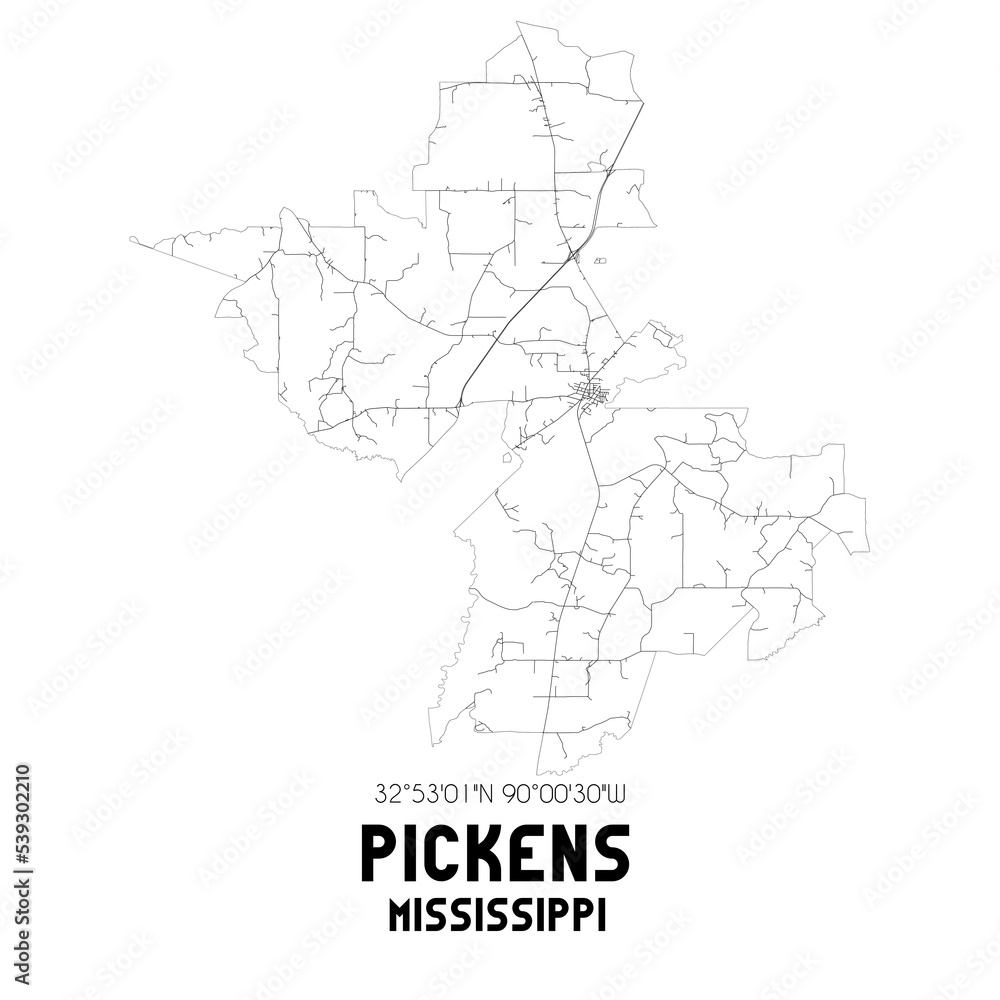 Pickens Mississippi. US street map with black and white lines. Pickens Mississippi. US street map with black and white lines.