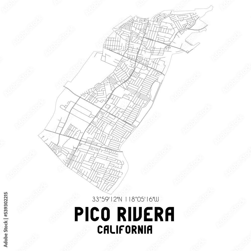 Pico Rivera California. US street map with black and white lines. Stock