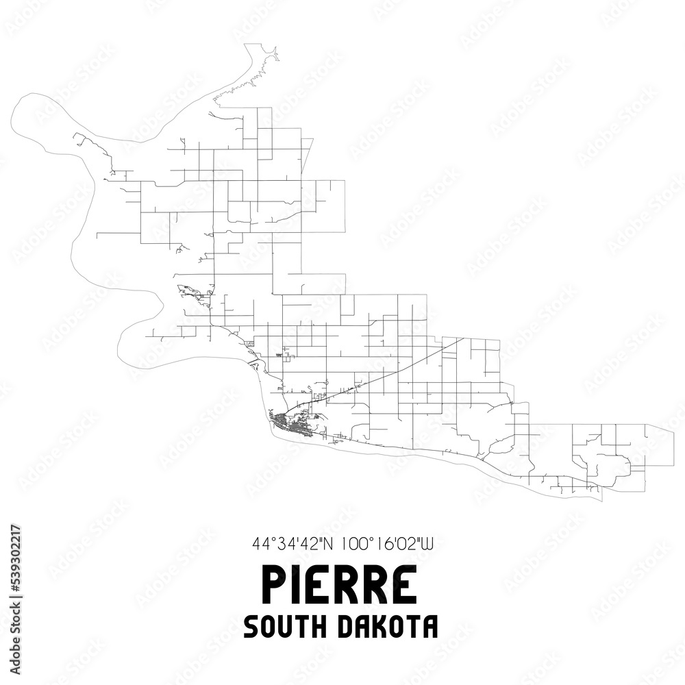 Pierre South Dakota. US street map with black and white lines.