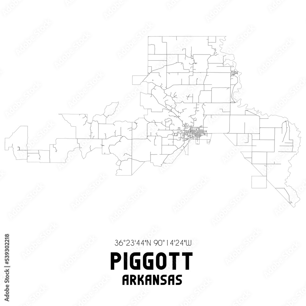 Piggott Arkansas. US street map with black and white lines.