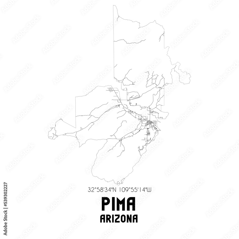 Pima Arizona. US street map with black and white lines.