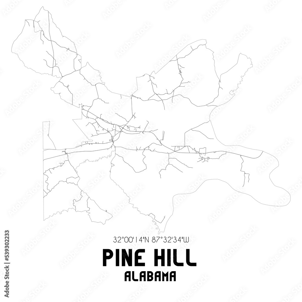 Pine Hill Alabama. US street map with black and white lines. Pine Hill Alabama. US street map with black and white lines.