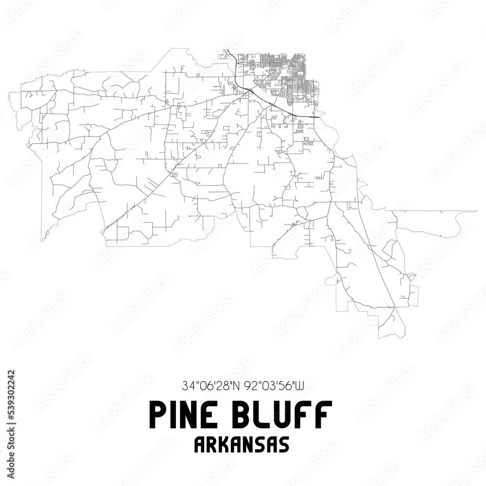 Pine Bluff Arkansas. US street map with black and white lines.