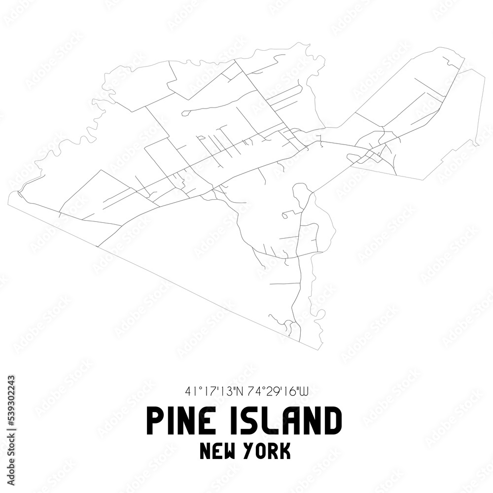 Pine Island New York. US street map with black and white lines.