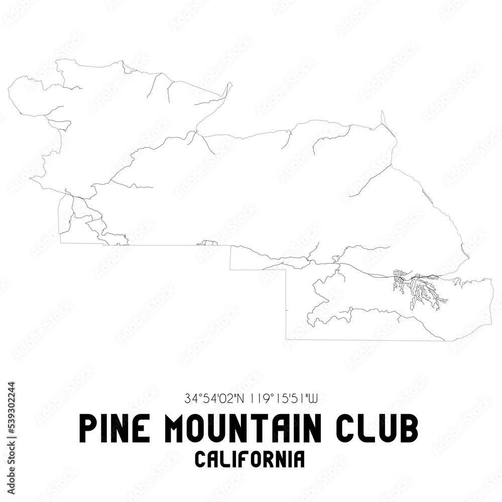 Pine Mountain Club California. US street map with black and white lines.