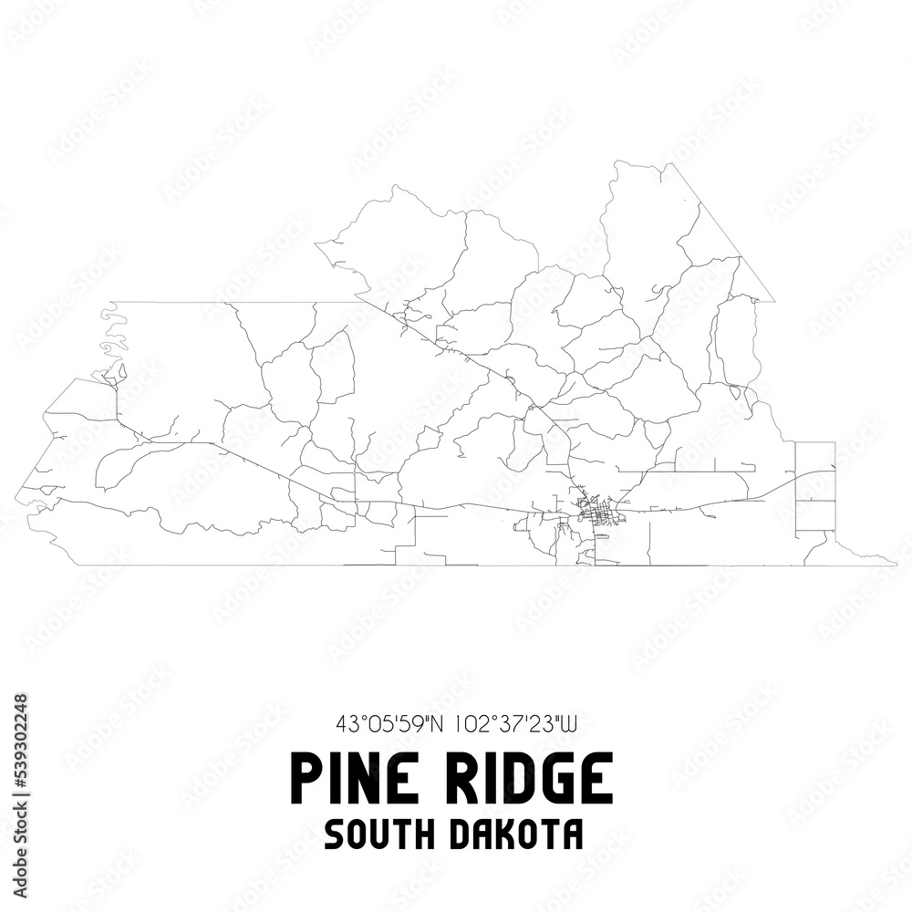Pine Ridge South Dakota. US street map with black and white lines.